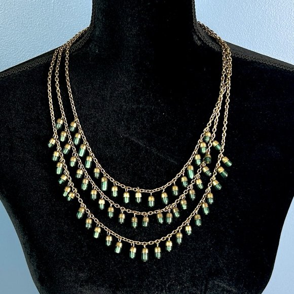 Beautifully Detailed Antique Goldtone Green‎ Dangle Tube Beads 3 Strand Necklace - Picture 1 of 5